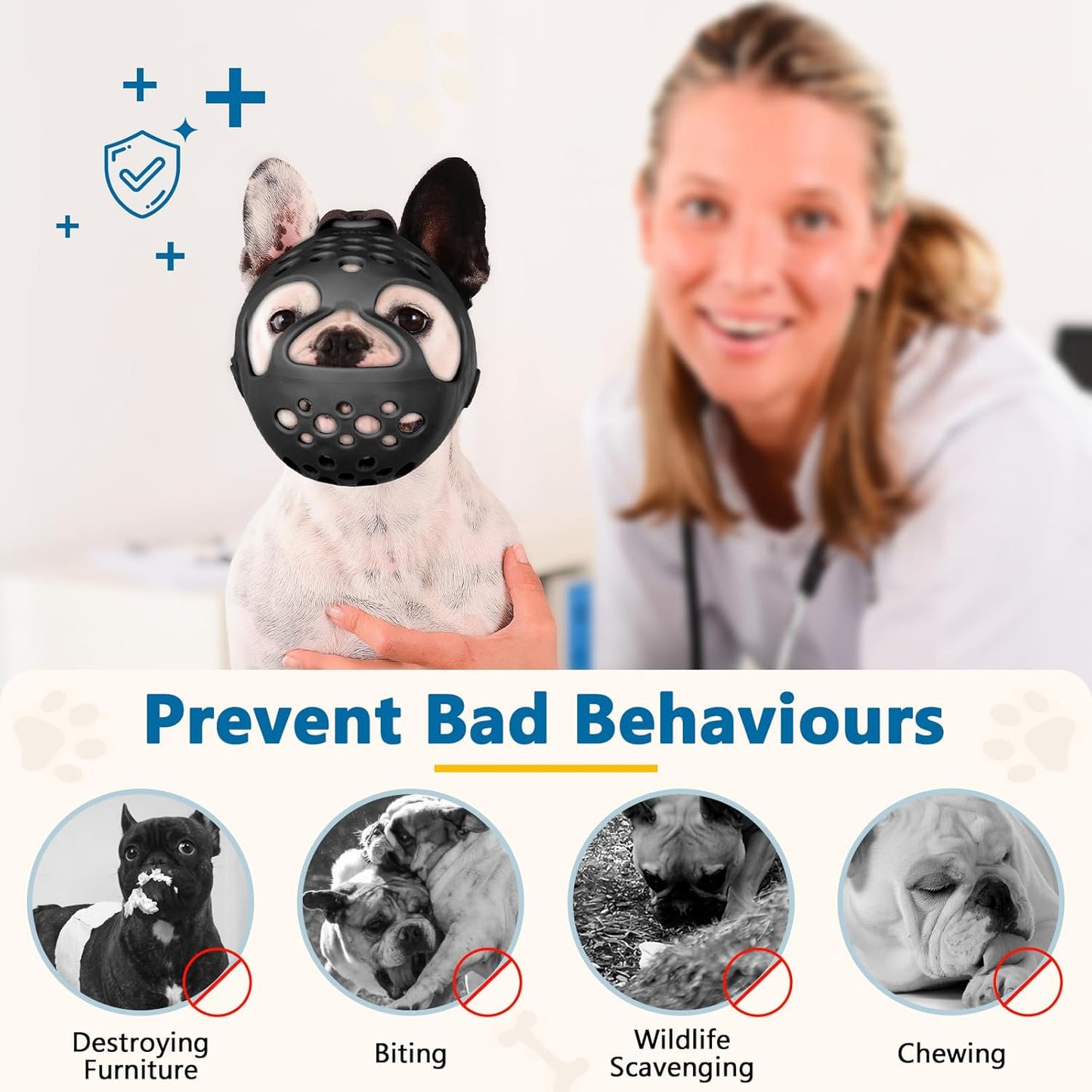 BARKLESS Short Snout Dog Muzzle, Soft Silicone Flat Faced Muzzle for French Bulldog Shih Tzu and Pug for Biting Chewing Licking and Grooming, Allows Panting