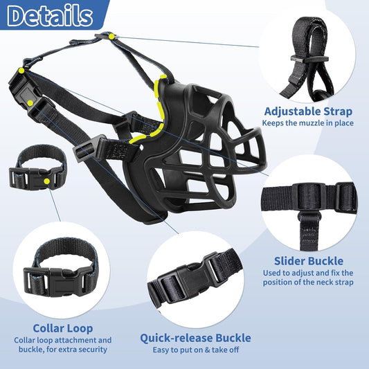 BARKLESS Dog Muzzle to Prevent Biting, Scavenging, Basket Muzzle for Large Medium Sized Dogs, Soft & Lightweight & Sturdy Mouth Cover with Removable Collar Loop for Training, Walking (Black, 3)