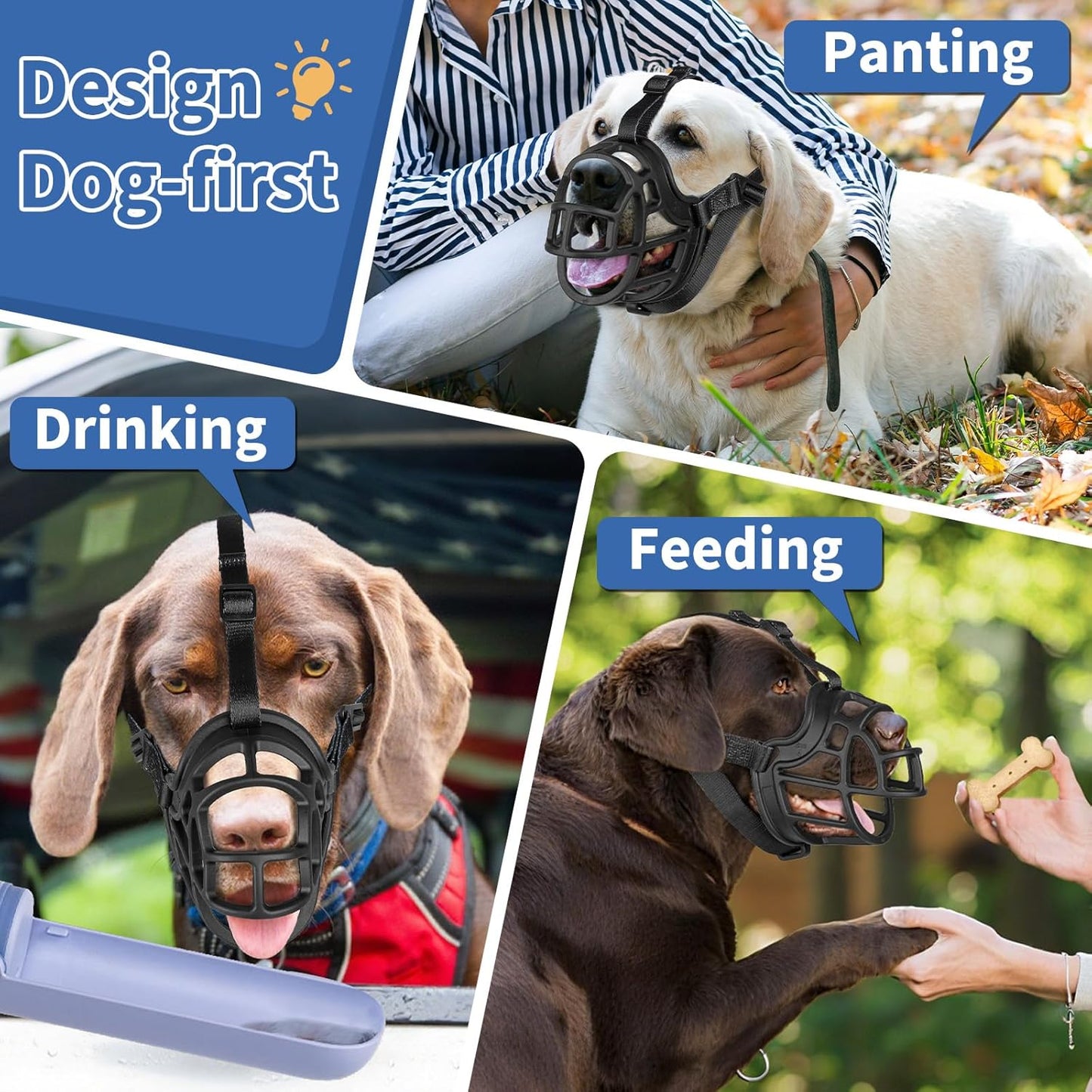 BARKLESS Dog Muzzle to Prevent Biting, Scavenging, Basket Muzzle for Large Medium Sized Dogs, Soft & Lightweight & Sturdy Mouth Cover with Removable Collar Loop for Training, Walking (Black, 3)