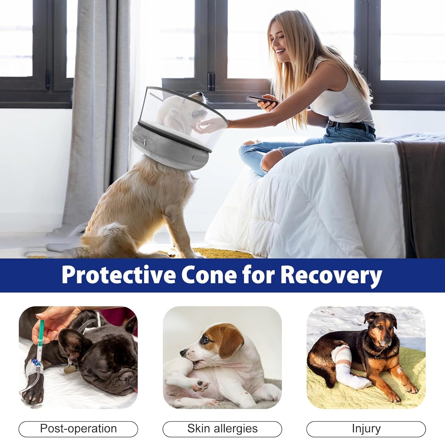 BARKLESS Inflatable Dog Cone, Soft Dog Donut Collar After Surgery, 2-in-1 Inflatable Collar with Detachable Anti-Licking Shield, Patented Donut Cone for Large Breeds to Stop Licking Wounds