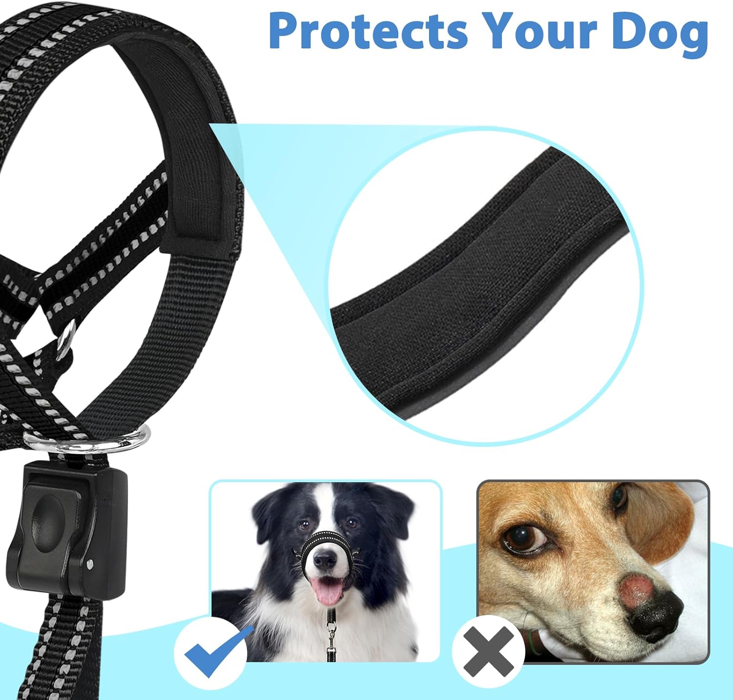 BARKLESS Soft Dog Head Collar, Patented Padded No Pull Head Halter, Training Nose Leash with Safety Link for Medium Large Dogs, Adjustable Muzzle Leash, Easy Control for Walking(Black, L)