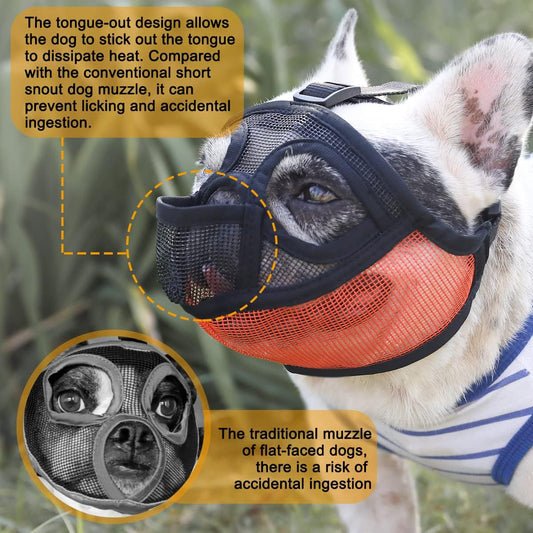 BARKLESS French Bulldog Muzzle, Short Snout Mesh Dog Muzzle with Tongue Out Design for Flat Face Dog Shih Tzu English Bulldog,Prevent Biting Chewing Allows Grooming