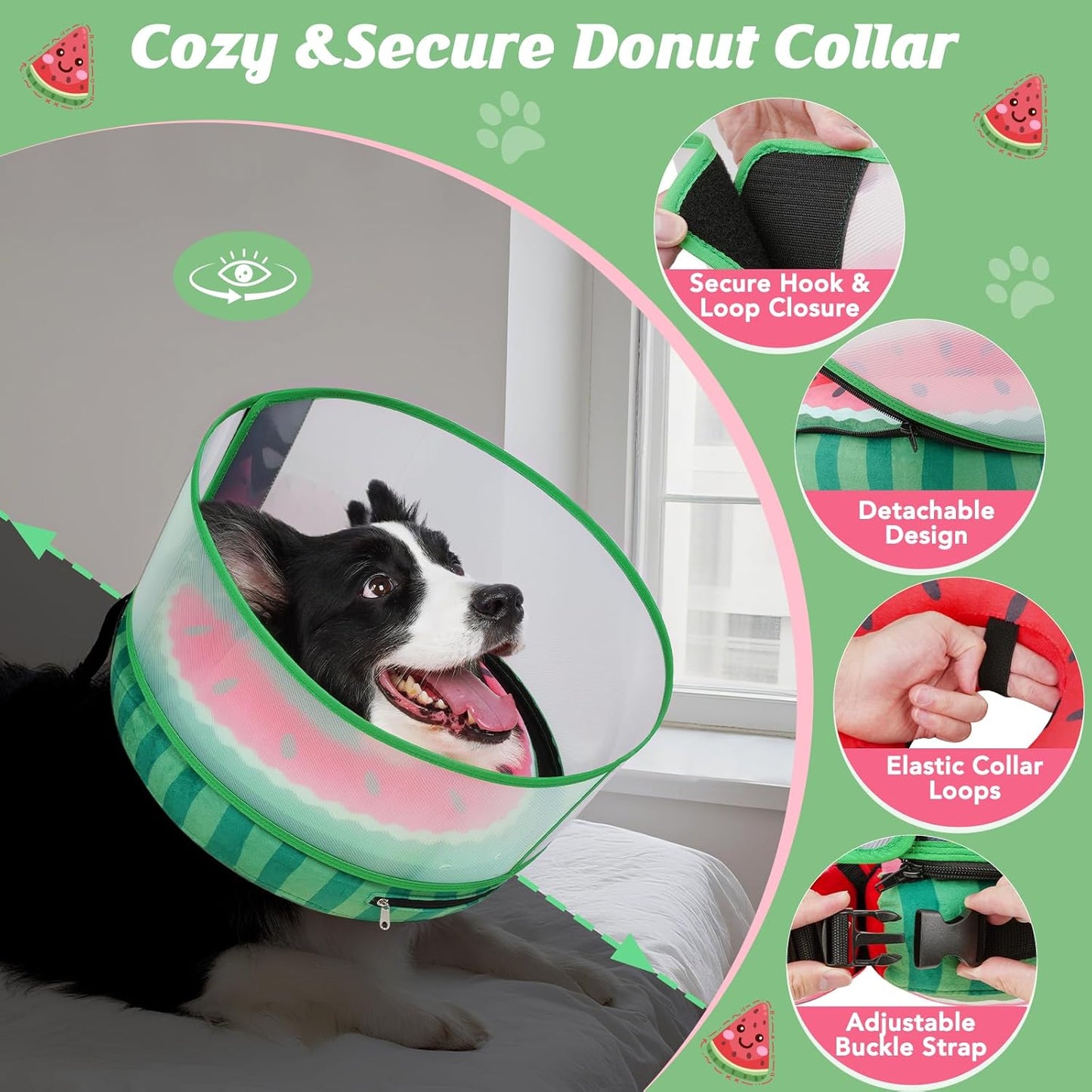 Inflatable Dog Cone with Anti-Licking Clear Shield, Protective Dog Donut Collar After Surgery, Adjustable Soft Recovery Cone for Pets, Alternative Collar with Buckle Strap (Watermelon, S)