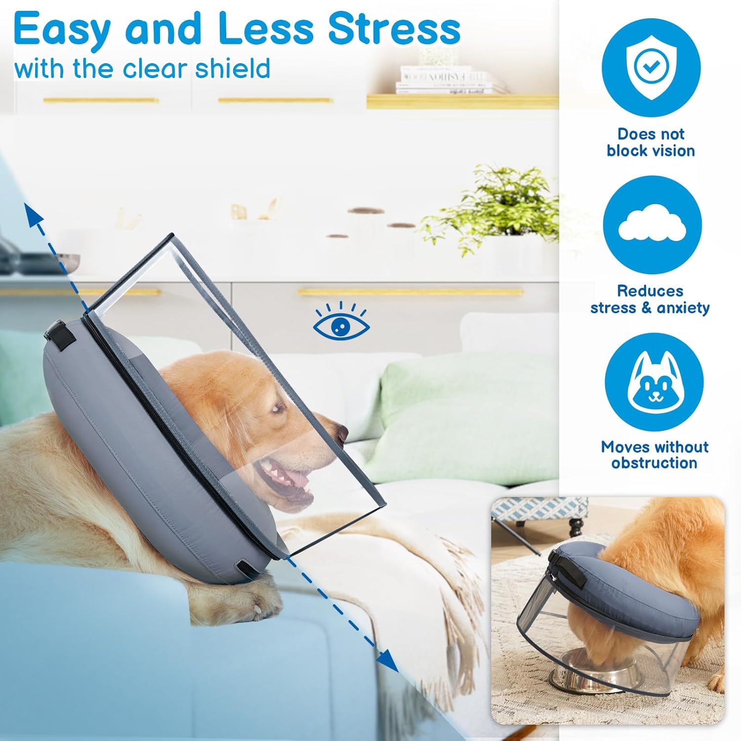 BARKLESS Donut Cone for Large Dogs, Protective Collar After Surgery to Stop Licking, Blow up Dog Surgery Collar with Transparent Shield, Inflatable Pillow Cone for Labrador, Rottweiler