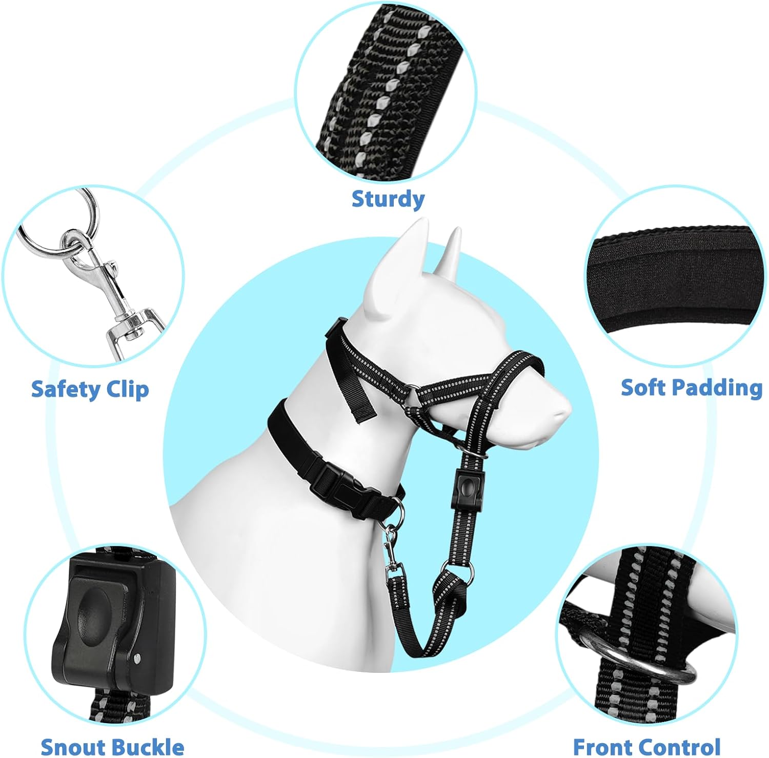 BARKLESS Soft Dog Head Collar, Patented Padded No Pull Head Halter, Training Nose Leash with Safety Link for Medium Large Dogs, Adjustable Muzzle Leash, Easy Control for Walking(Black, L)