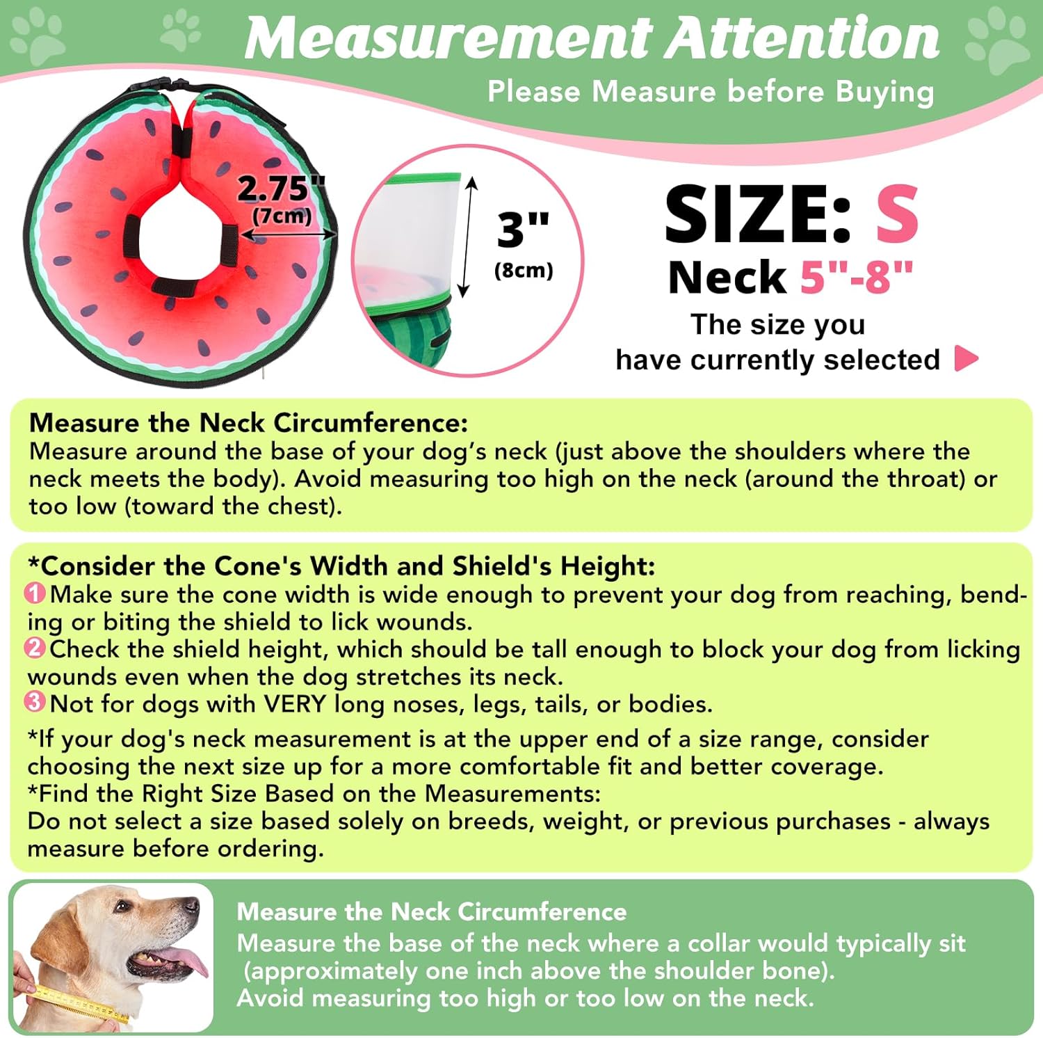 Inflatable Dog Cone with Anti-Licking Clear Shield, Protective Dog Donut Collar After Surgery, Adjustable Soft Recovery Cone for Pets, Alternative Collar with Buckle Strap (Watermelon, S)