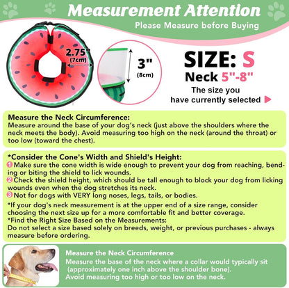 Inflatable Dog Cone with Anti-Licking Clear Shield, Protective Dog Donut Collar After Surgery, Adjustable Soft Recovery Cone for Pets, Alternative Collar with Buckle Strap (Watermelon, S)