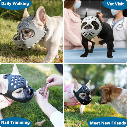 BARKLESS Short Snout Dog Muzzle, Soft Silicone Flat Faced Muzzle for French Bulldog Shih Tzu and Pug for Biting Chewing Licking and Grooming, Allows Panting